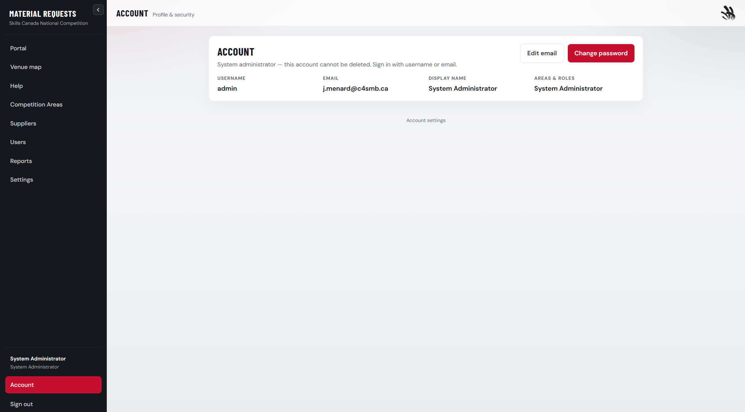 Account page with change email and change password buttons