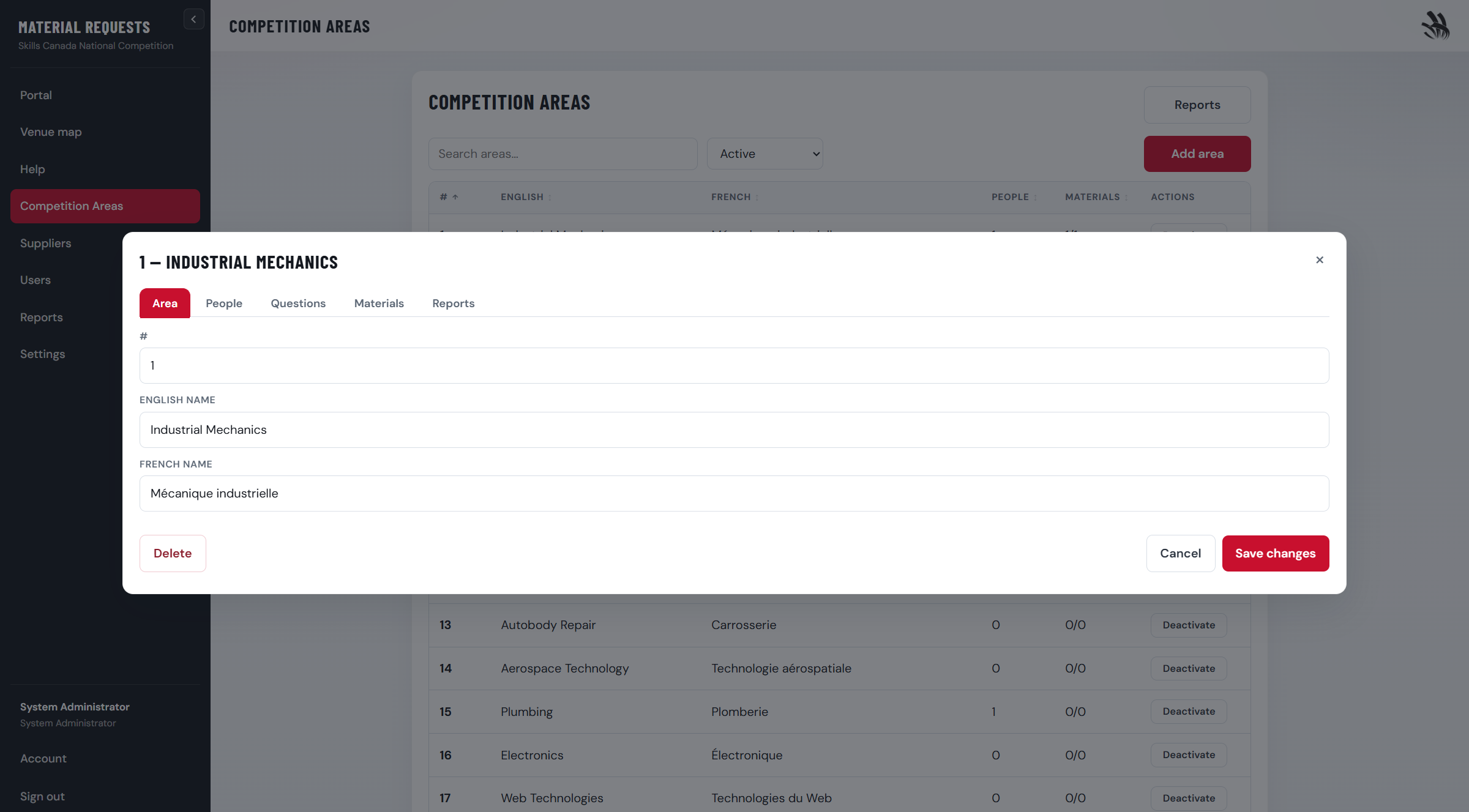 Competition area editor with tabs